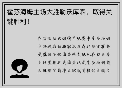 霍芬海姆主场大胜勒沃库森，取得关键胜利！